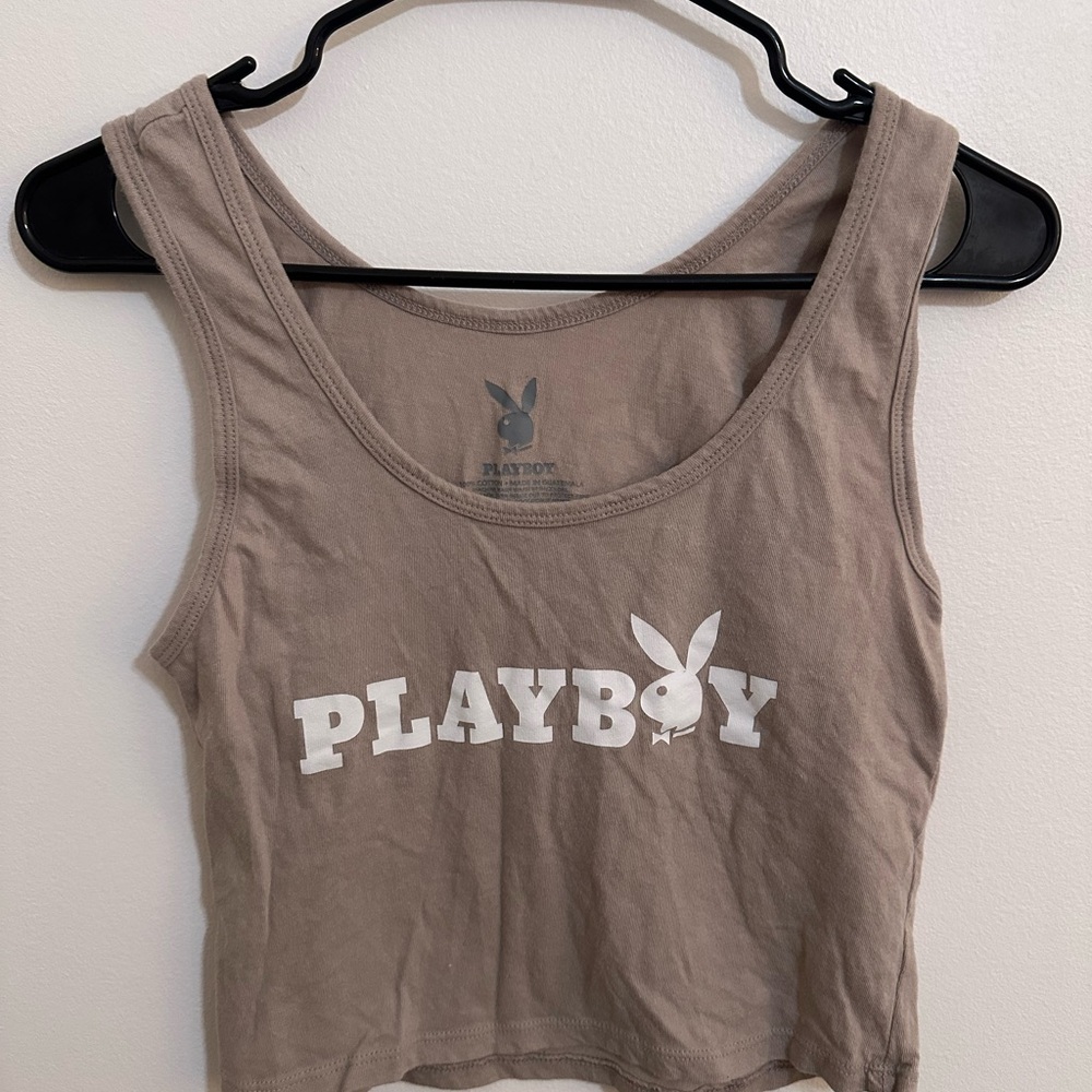 PLAYBOY Taupe Crop Tank with White Logo